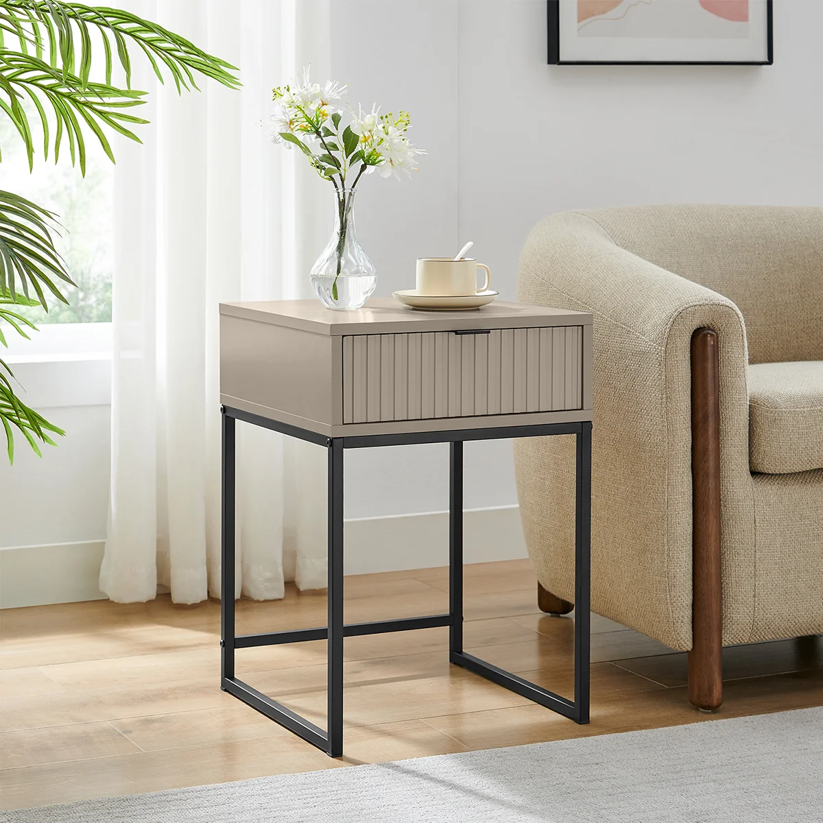 Stylish One Drawer Bedside Table – Hesley Taupe Stone Range Organic
