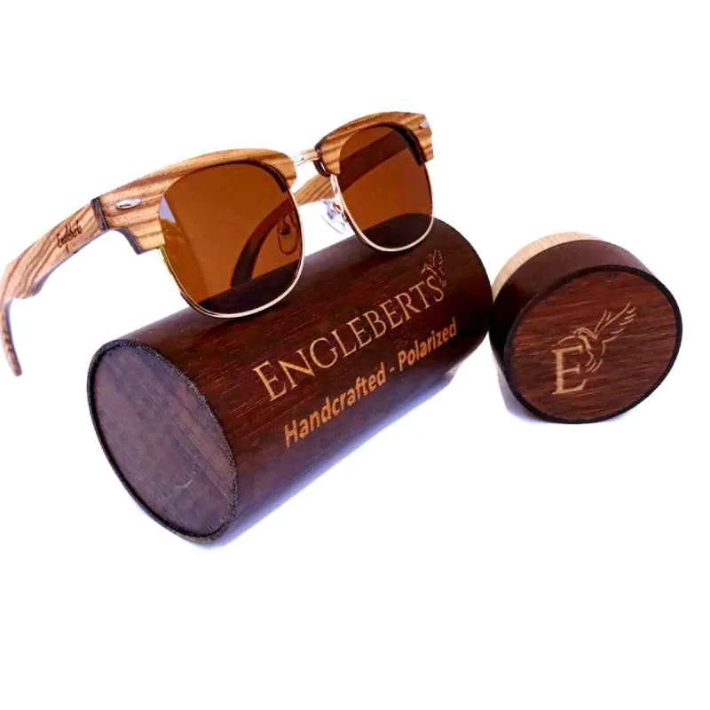 High-Quality Engleberts Ebony Zebrawood Sunglasses with Bamboo Case and Tea Polarized Lenses User-Friendly
