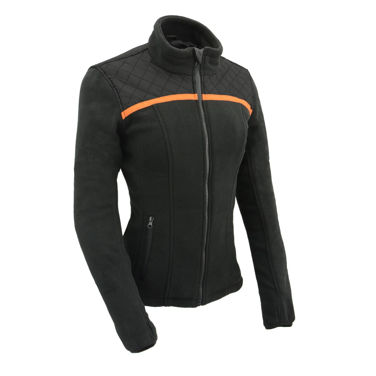 World-Class Milwaukee Leather MPL2783 Women’s Black Micro Fleece Zipper Front Jacket with Orange Stripe Clean