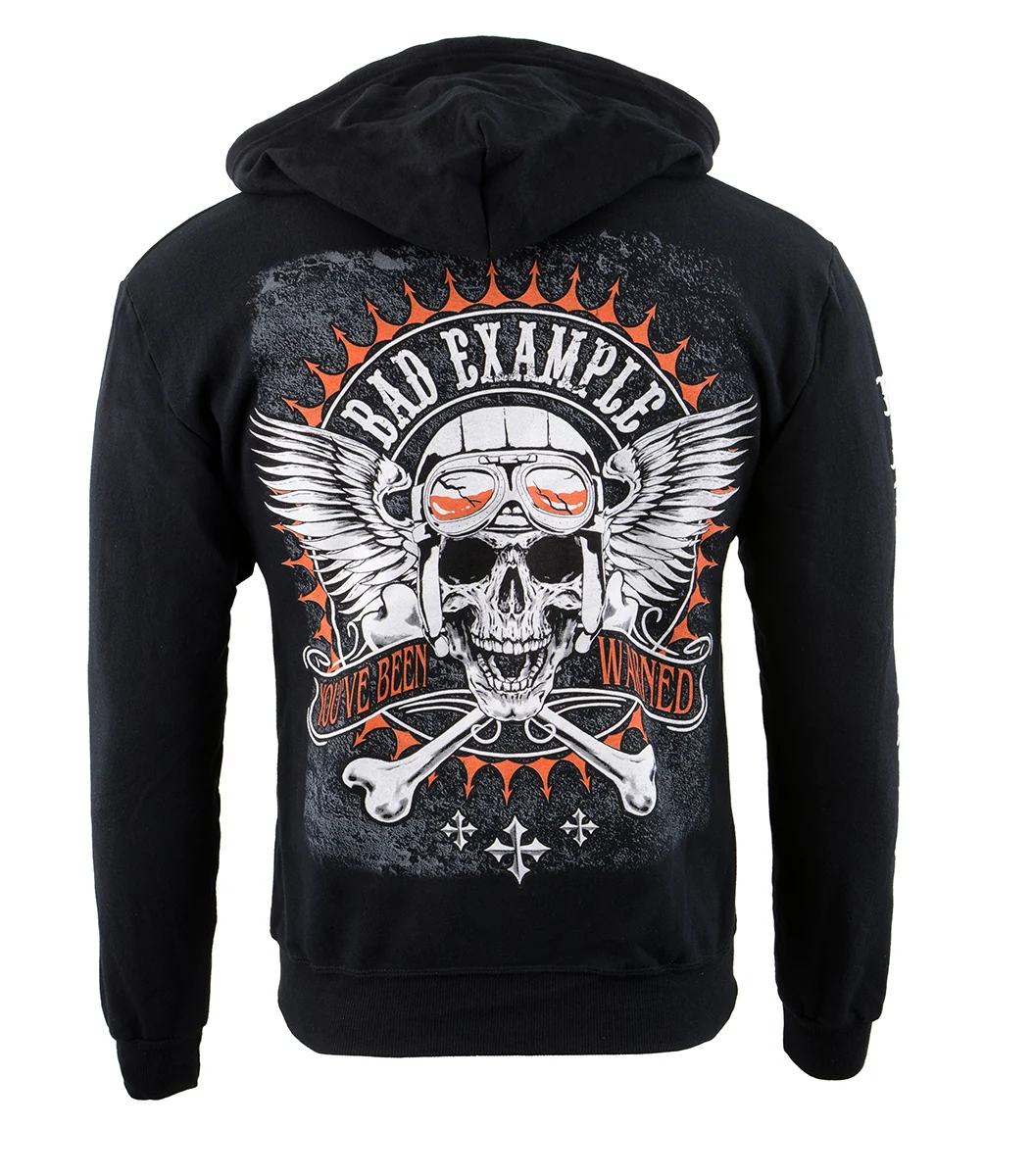 Fashionable Biker Clothing Co. BCC118002 Men’s Black ‘Bad Example You’ve Been Warned’ Motorcycle Skull Hoodie Natural