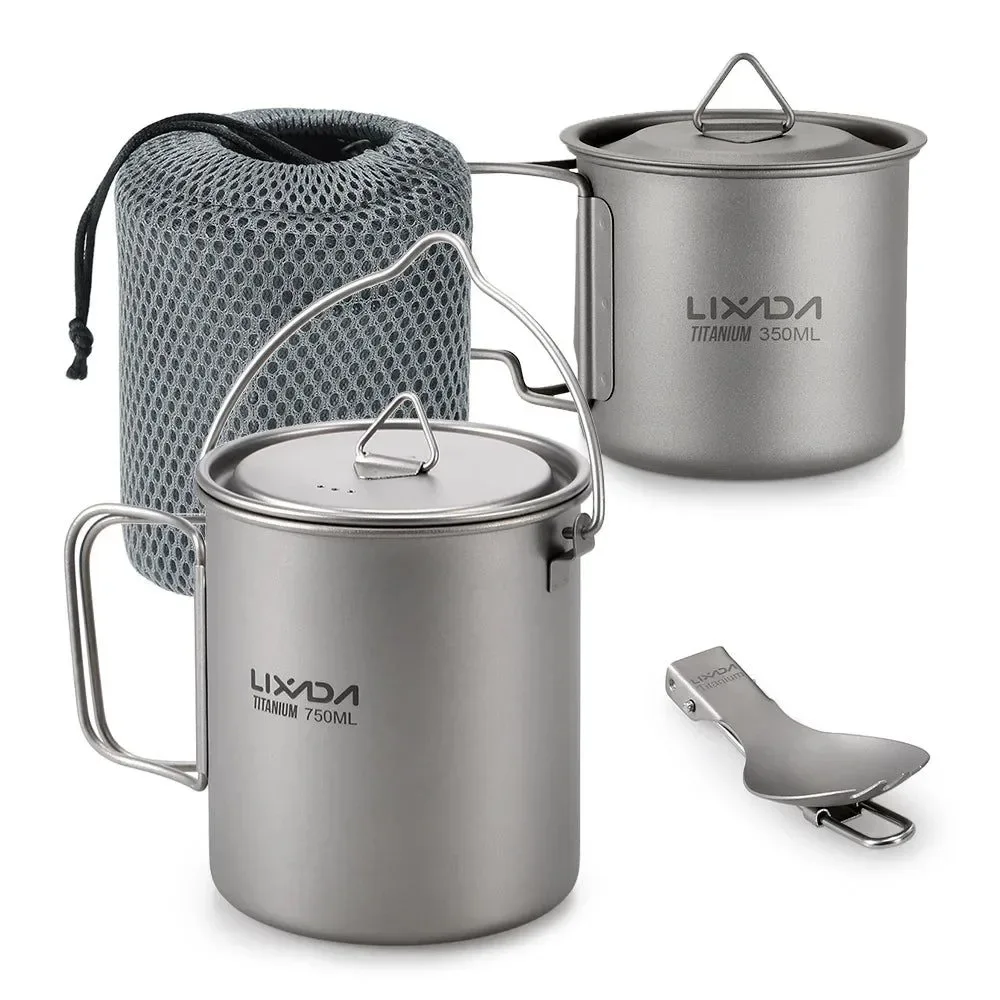Fast Titanium Camping Pot Cup Set with Folding Spork – Ultralight Cookware for Backpacking Outdoor Cooking 2 or 3-Piece Long-Lasting