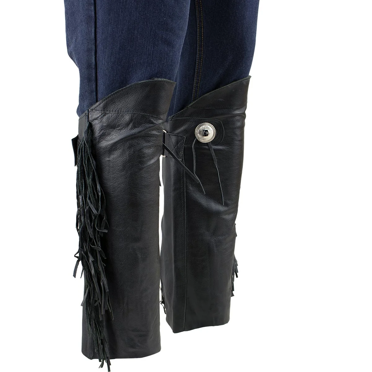 Sustainable Leather SH1199FR Women’s Black Fringed Leather Short Chaps with Conchos with Conchos Functional