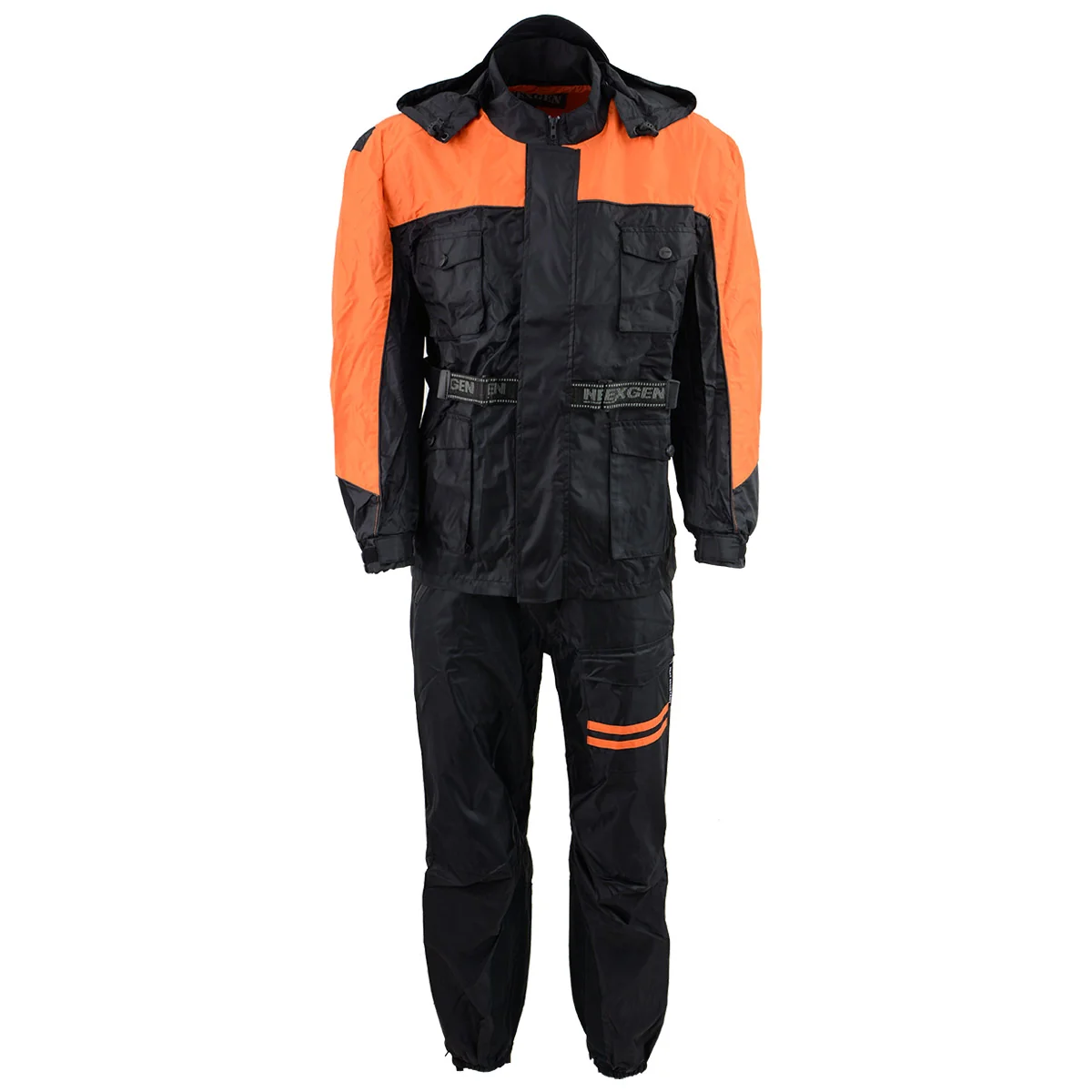 Unique NexGen Men’s SH2051 Black and Orange Hooded Water Proof Armored Rain Suit Crafted