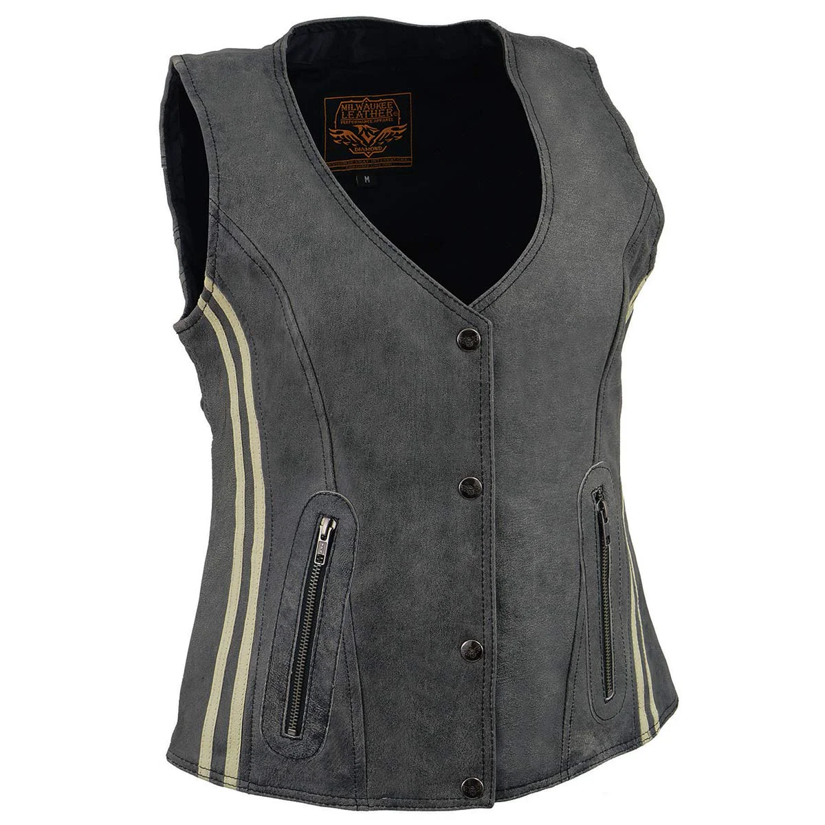 Durable Milwaukee Leather MLL4506 Women’s Grey Leather Vintage Slate Snap Front Vest with Racing Stripes Trusted