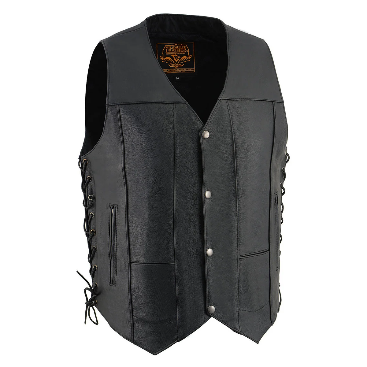 Smart Milwaukee Leather SH1391 Men’s Black Leather 10 Pocket V-Neck Side Lace Motorcycle Rider Vest w Front Snap Closure Fashionable