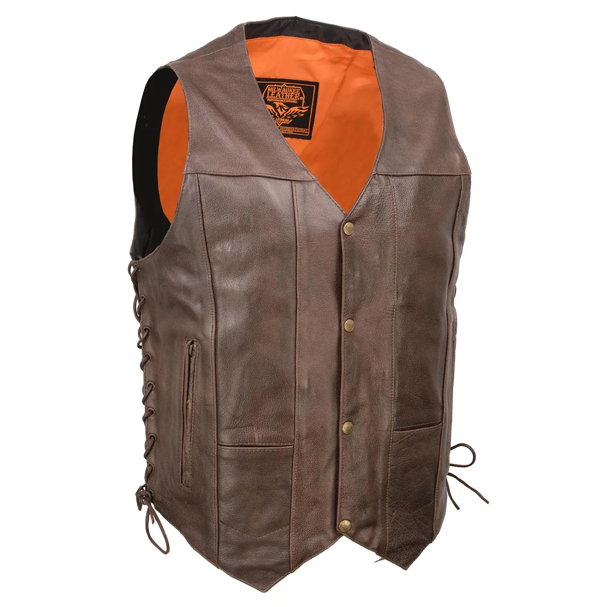 Superior Milwaukee Leather ML1391RT Men’s Retro Brown Leather Vest- 10 Pockets Side Lace 4-Snap V-Neck Motorcycle Rider Vest Prestigious