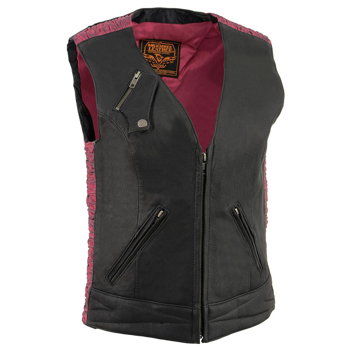 High-End Milwaukee Leather MLL4571 Women’s Black and Pink Lightweight Motorcycle Leather Vest w Crinkled Leather Design Functional