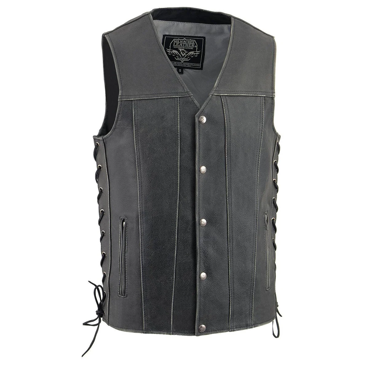Practical Milwaukee Leather MLM3521 Men’s Distress Grey Leather Vest – V-Neck Straight Bottom Side Lace Motorcycle Rider Vest Sophisticated