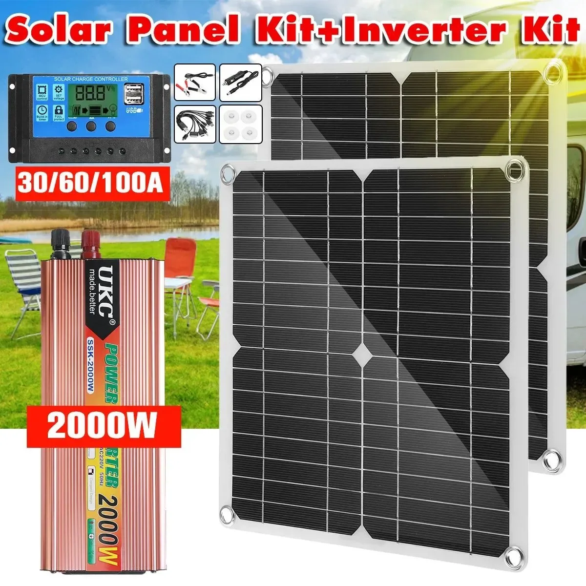 Versatile 2000W Solar Panel Kit with Power Converter for RV Boat Cabin Home Camping Powerful