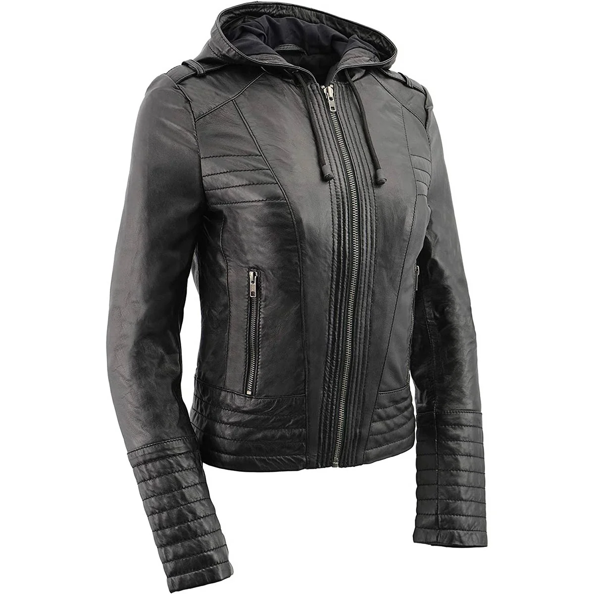 Environmentally Friendly Milwaukee Leather SFL3554 Women’s Black Scuba Style Zippered Front Motorcycle Fashion Leather Jacket with Hoodie Optimized