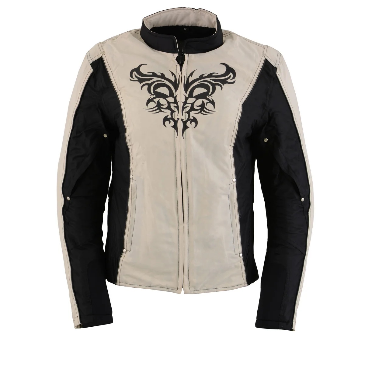 Elegant Milwaukee Leather SH2366 Women’s’Reflective Tribal’ Black and Cream Armored Motorcycle Textile Jacket High-Performance