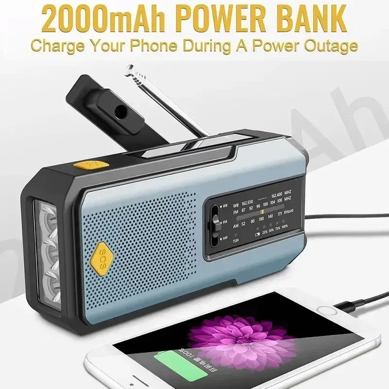 User-Friendly Multifunctional Solar USB Charging Radio – FM AM WB Emergency with LED Flashlight Power Bank 2000mAh Natural