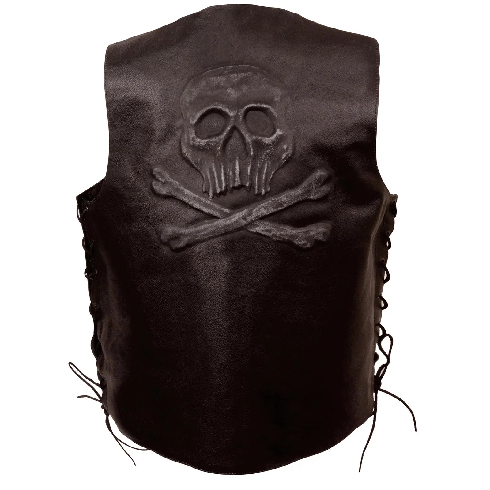 Exceptional Event Leather ELM3915 Men’s Brown Side Lace Motorcycle Leather Vest with Skull and Cross Bones Emboss Premium Material