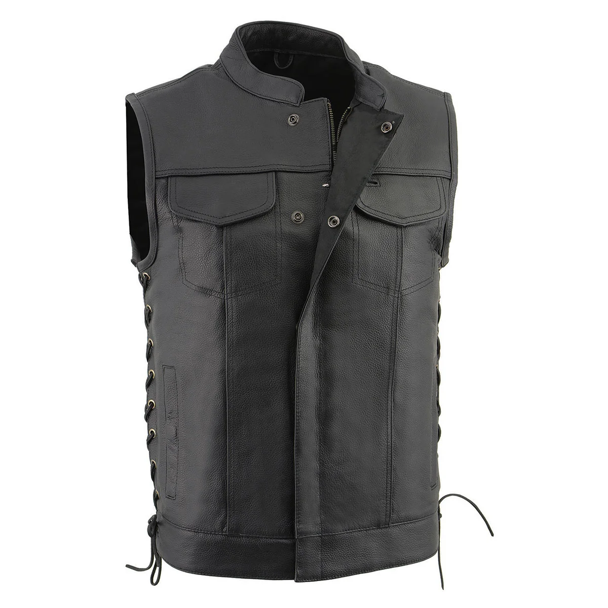 Original Design Milwaukee Leather LKM3712 Men’s Black Leather Club Style Motorcycle Rider Vest w Front Snap Zipper and Side Lace Authentic