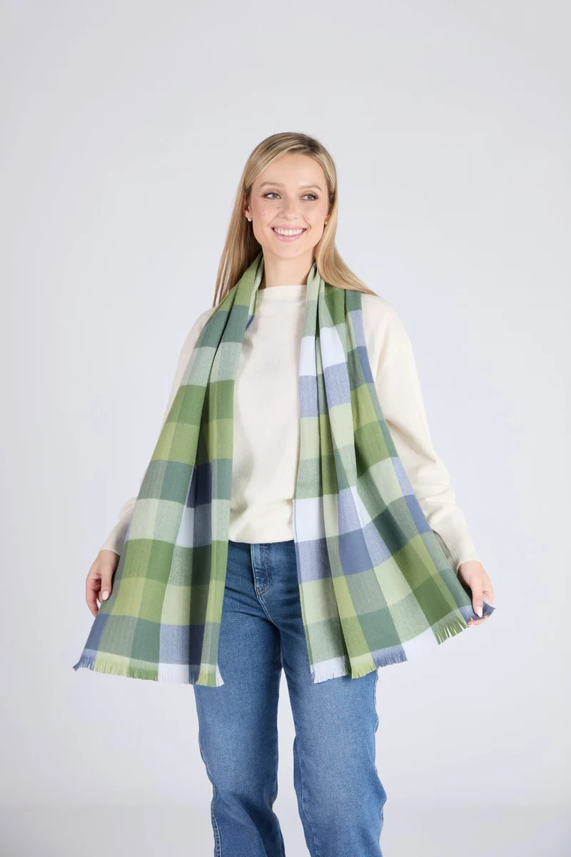 Practical Foxford Green Blue Block Check Extra-Fine Merino Scarf Efficient