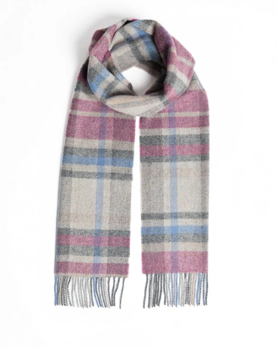 Flexible Foxford Damask Grey Tartan Lambswool Scarf Relaxed