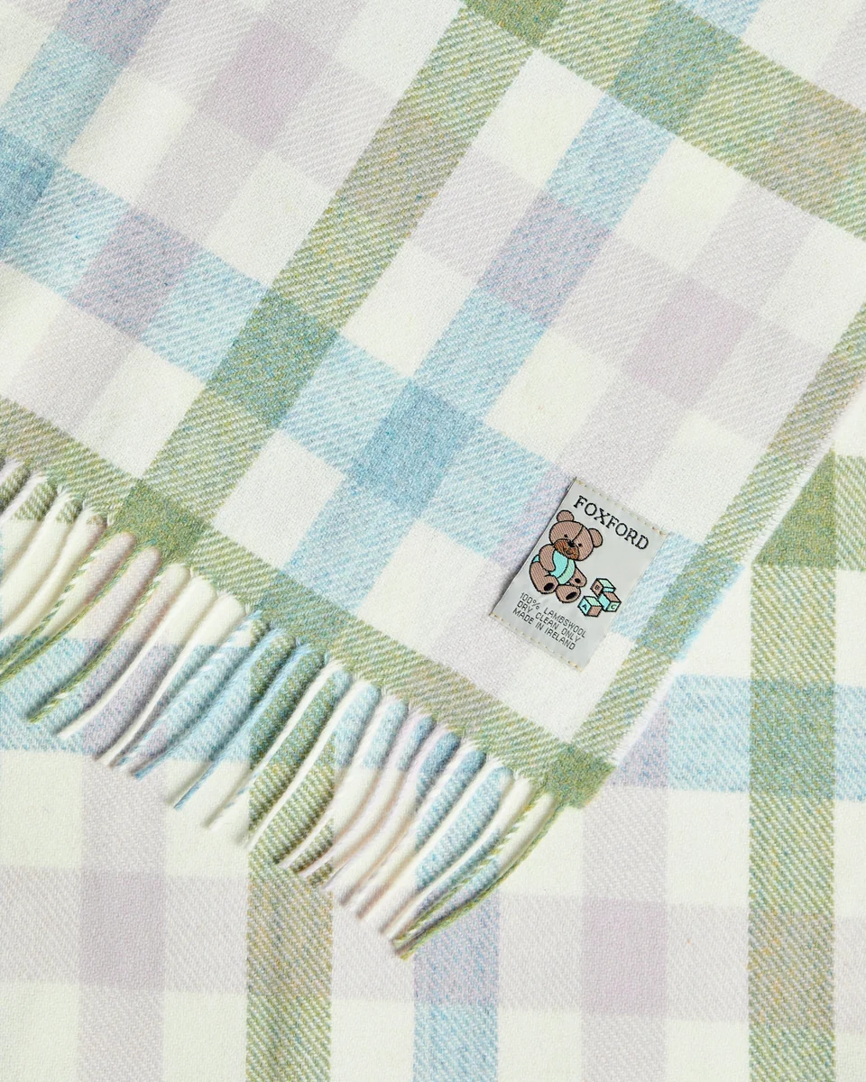 Fashionable Foxford Pastel Check Lambswool Baby Blanket Expertly Made