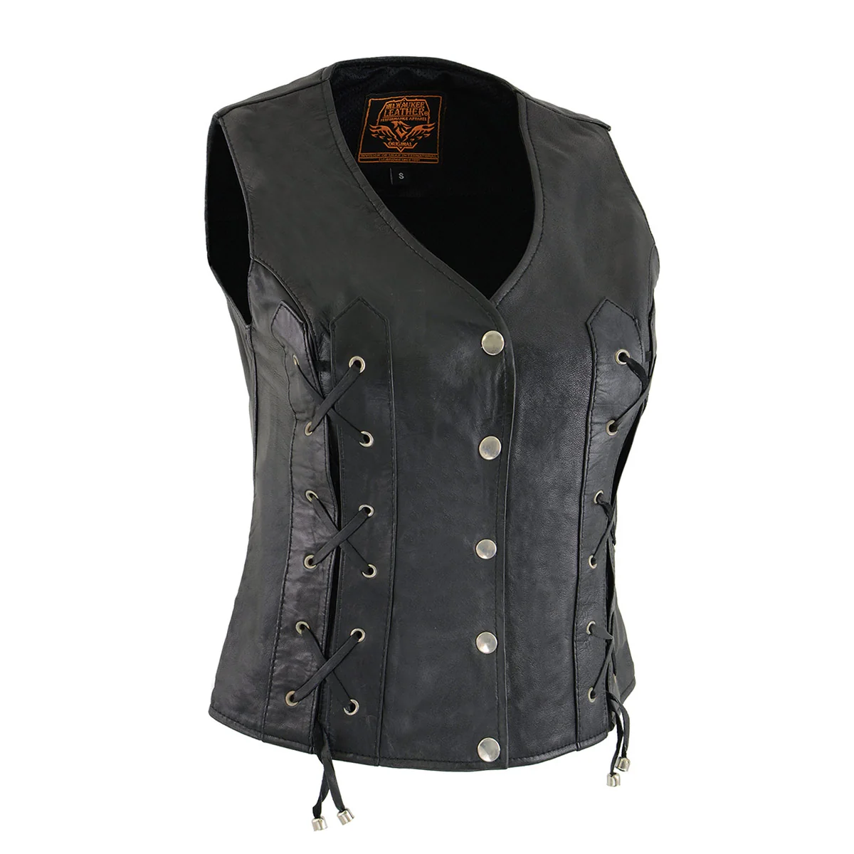 Eco-Friendly Milwaukee Leather SH1216 Ladies Black Leather Vest with Front Laces Verified