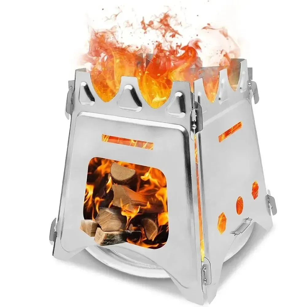 Durable Portable Camping Wood Stove – Stainless Steel Folding Lightweight Firewood Stove for Outdoor Hiking Traveling BBQ and Picnic High-Grade