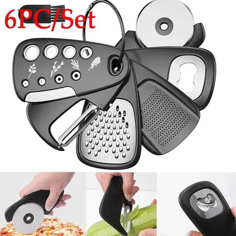 Excellent 6pcs Kitchen Gadgets Set – Cheese Bottle Opener Vegetable Peeler Pizza Cutter Garlic Grinder Herb Stripper – Camp Kitchen Tools Traditional