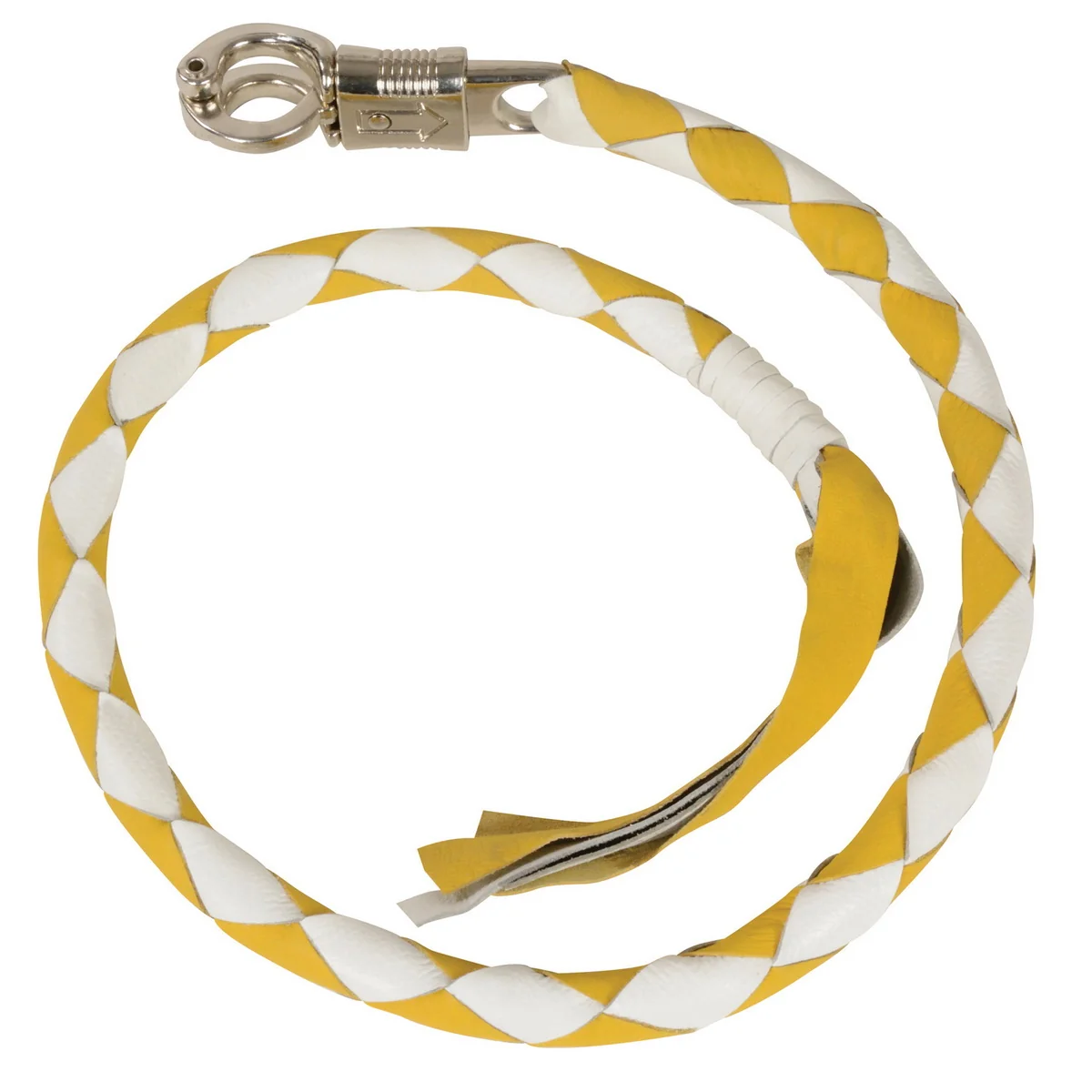 Environmentally Friendly Milwaukee Leather 36” Leather Whip – White and Yellow Get Back Whip for Handlebar – Biker Whip – MP7900 Detailed