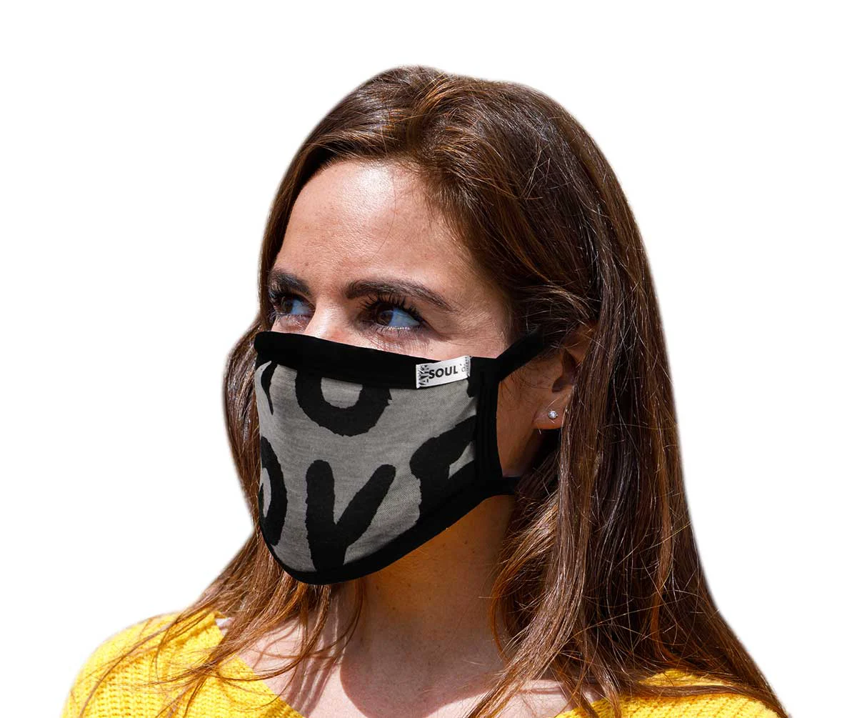 Long-Lasting Air Soul MP7923FM USA Made ‘Love’ Grey and Black Protective Face Mask with Optional Filter Pocket Elegant