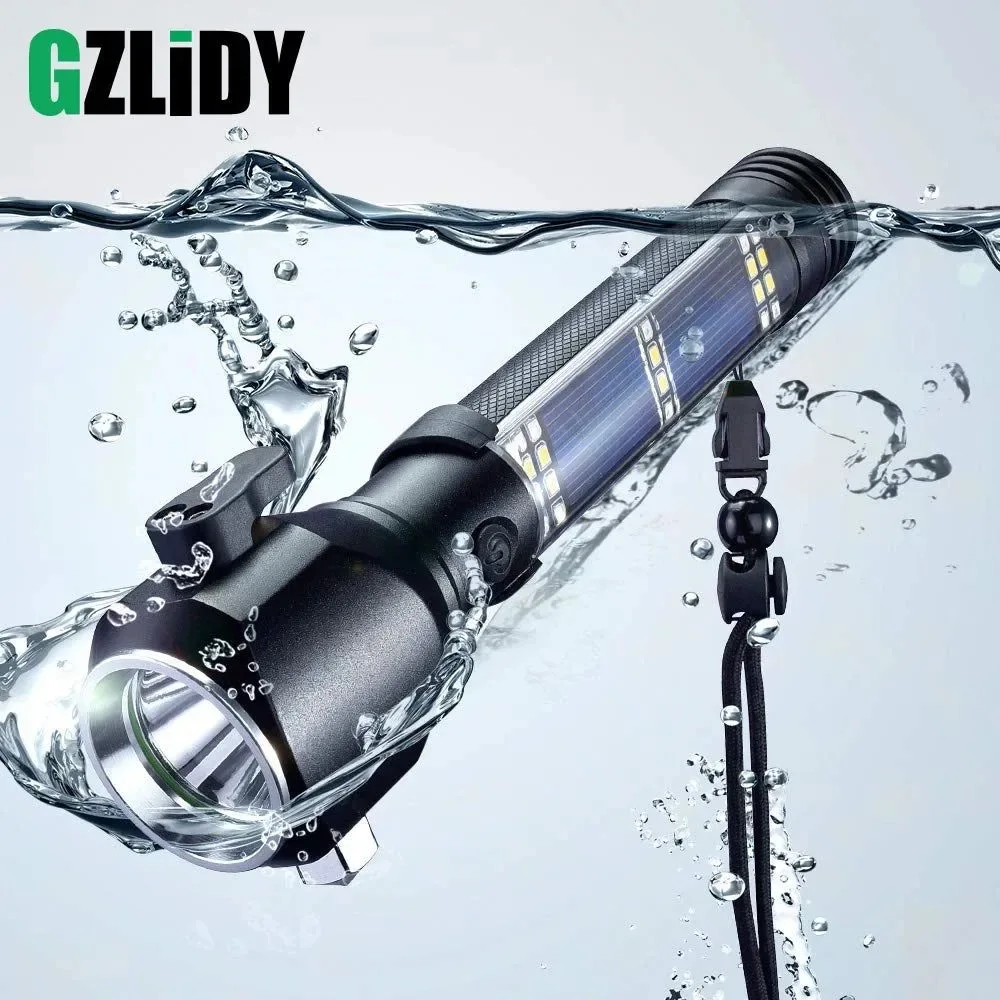 Reusable USB Rechargeable Solar LED Flashlight – Multi-function Emergency Torch with Safety Hammer Mobile Power Compass for Outdoor Activities Prestigious
