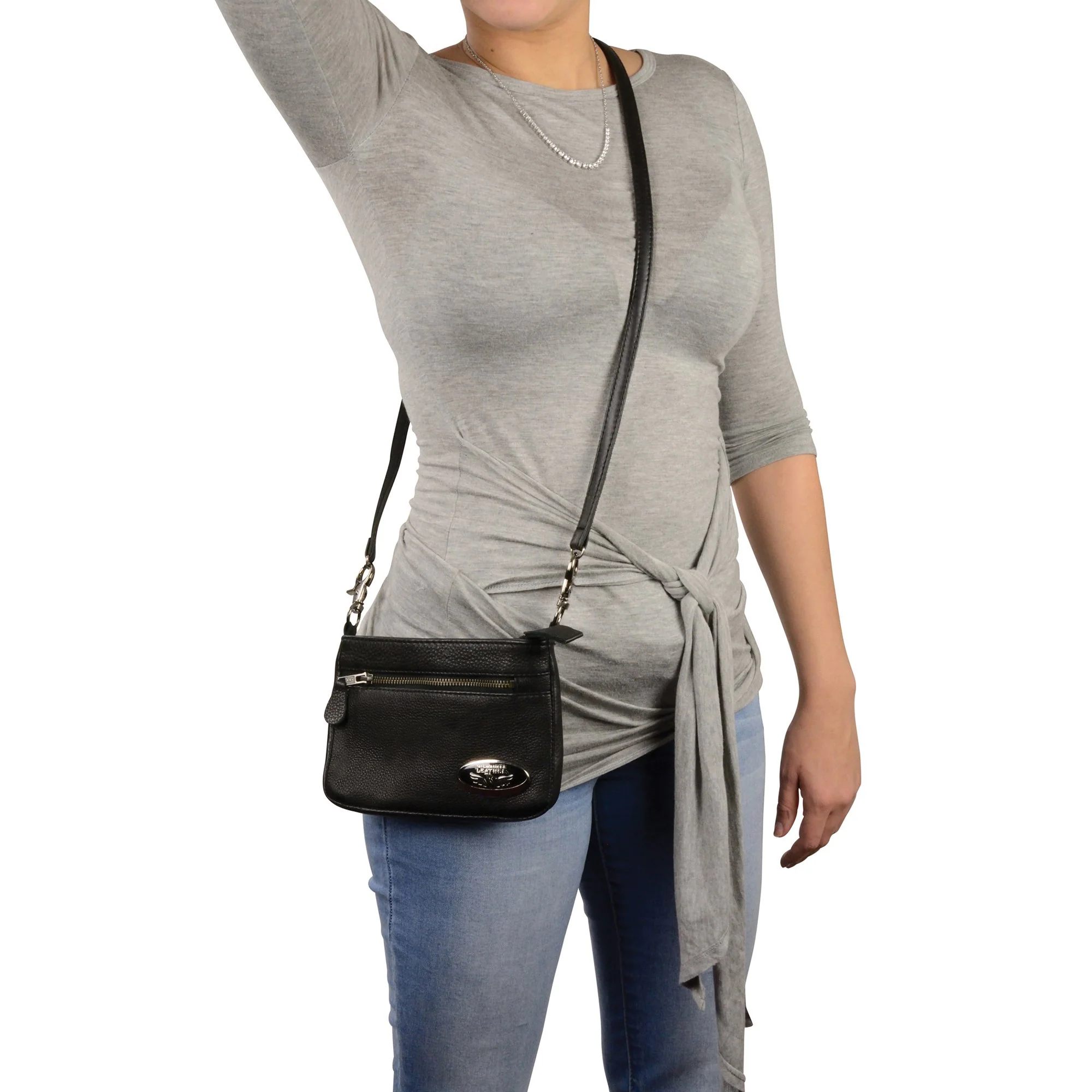 Effective Milwaukee Leather MP8815 Ladies Black Double Zipper Leather Shoulder Bag Fine Crafted