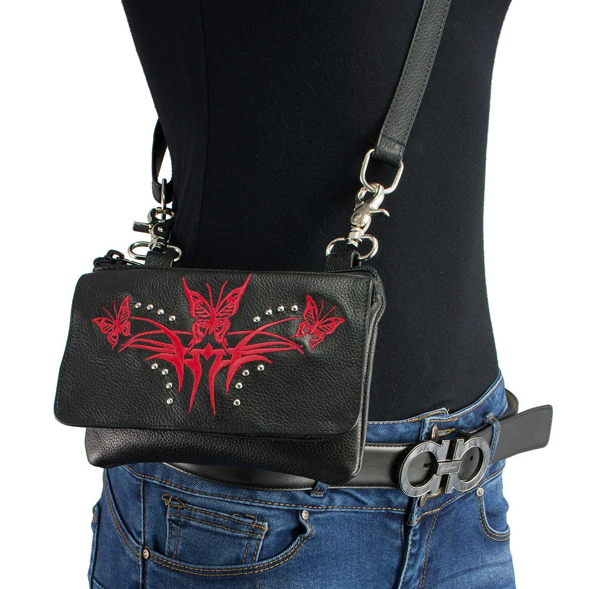 Comfortable Milwaukee Leather MP8851 Women’s Black and Red Leather Multi Pocket Belt Bag Optimized