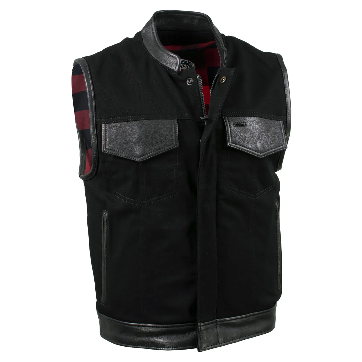 Elegant Milwaukee Leather USA MADE MLM5101 Men’s Black Burn Out Denim and Leather Motorcycle Vest with Plaid Red Lining Pure