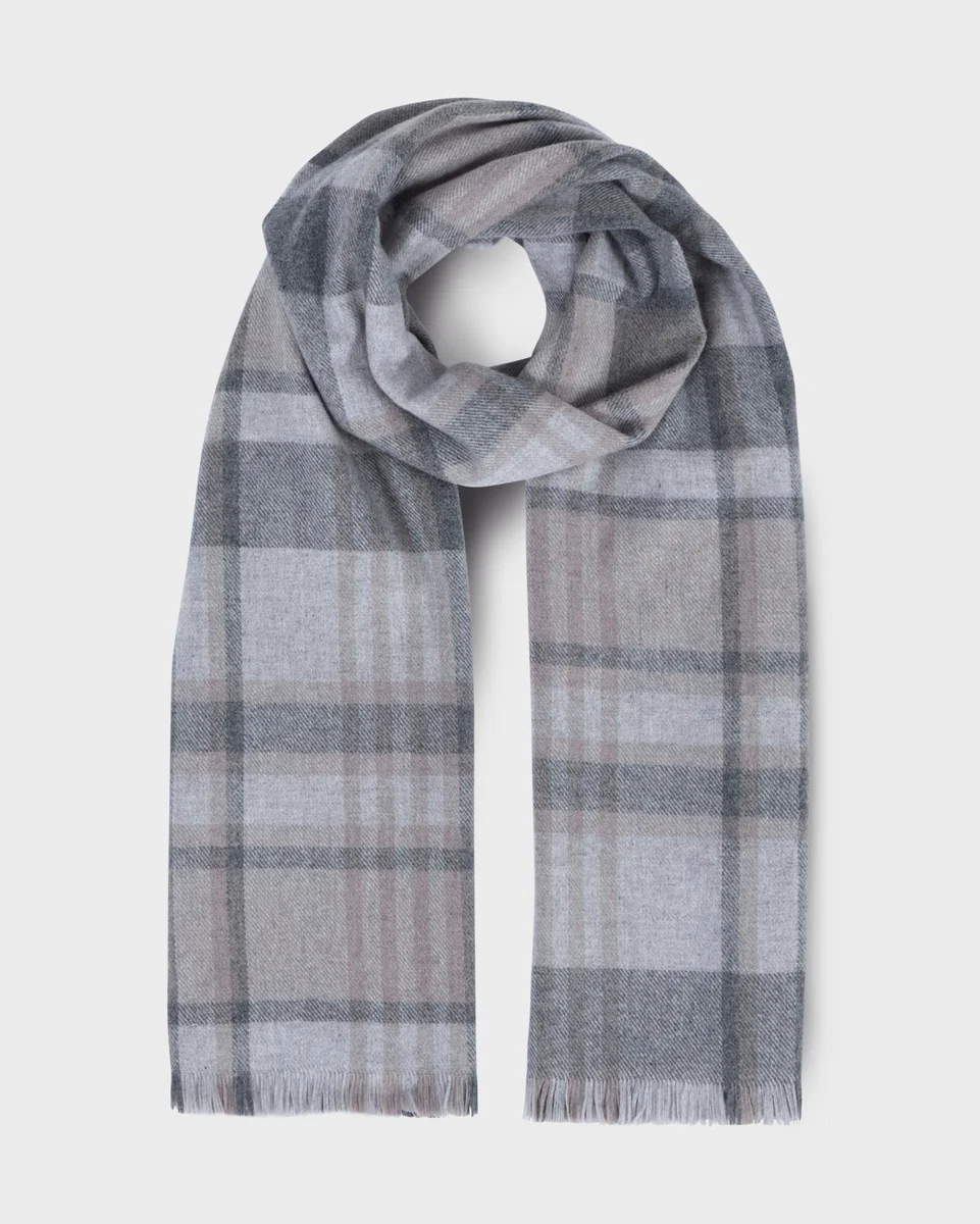Organic Foxford Grey and Mink Tartan Fine Wool Cashmere Blend Scarf Versatile