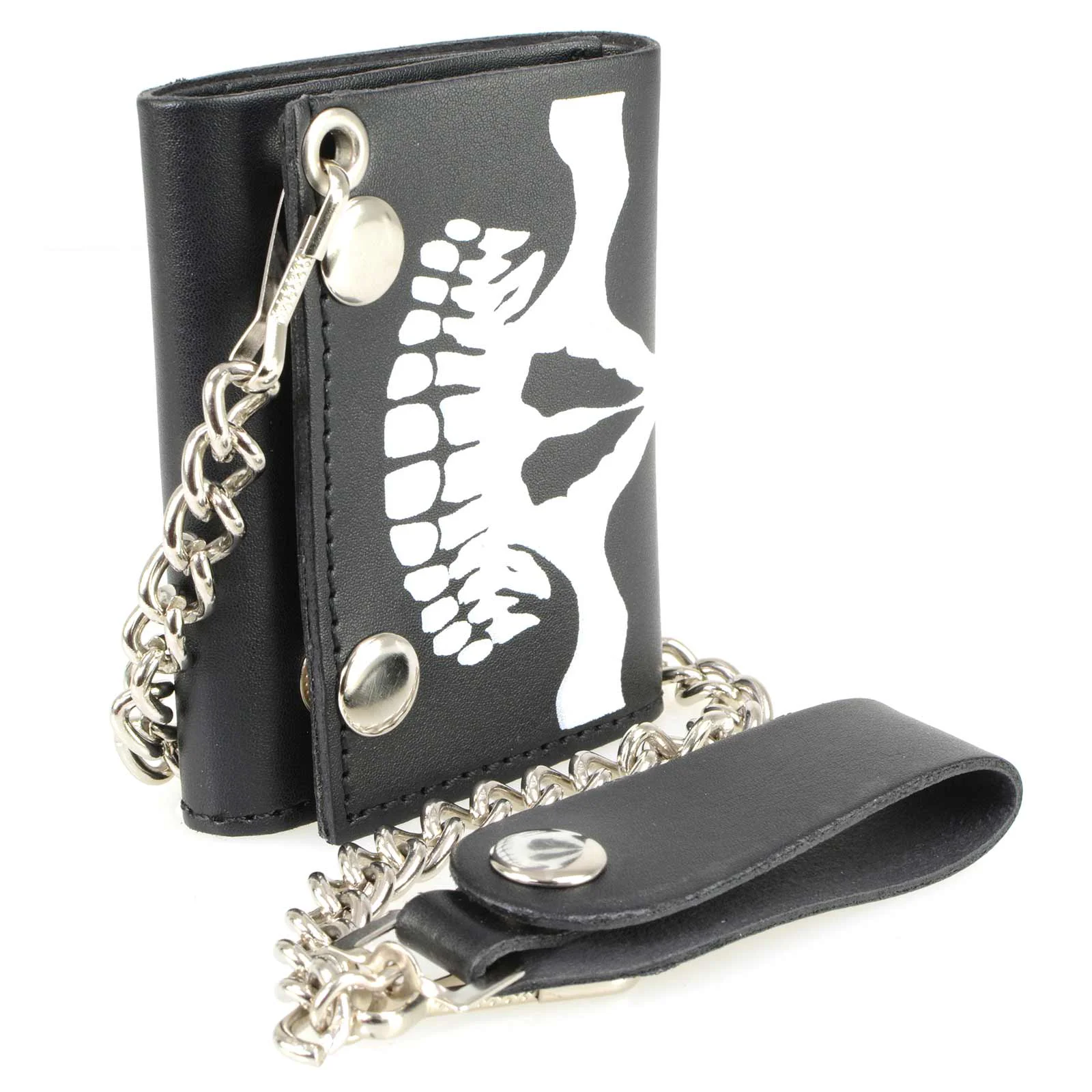 Outstanding Milwaukee Leather MLW7834 Men’s 4 Leather Skeleton Teeth Tri-Fold Wallet w Anti-Theft Stainless Steel Chain Crafted