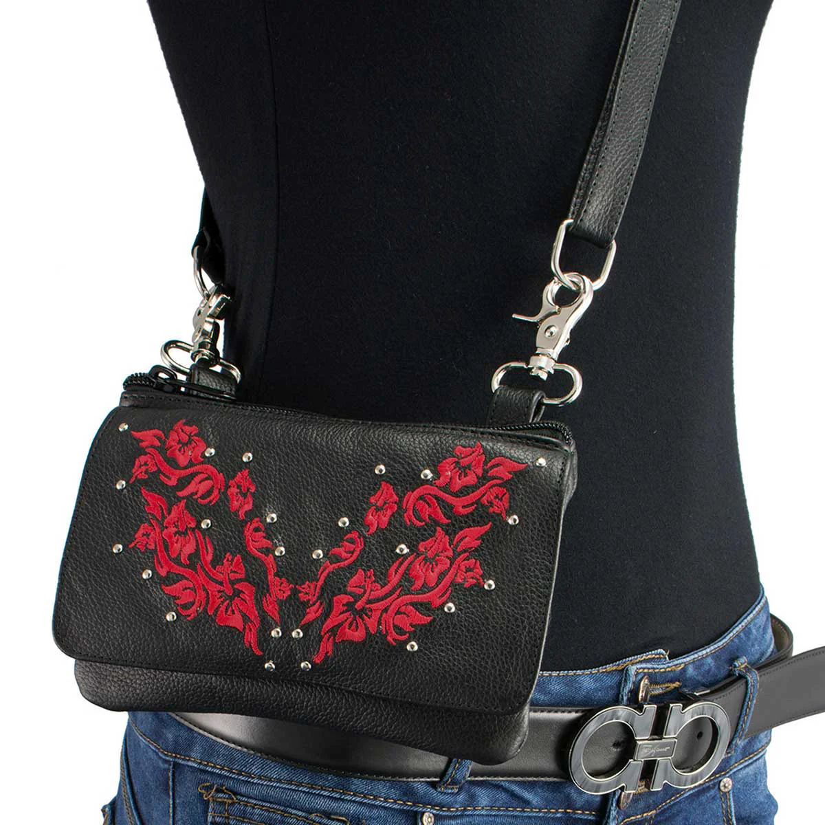 Convenient Milwaukee Leather MP8853 Women’s ‘Flower’ Black and Red Leather Multi Pocket Belt Bag Quality