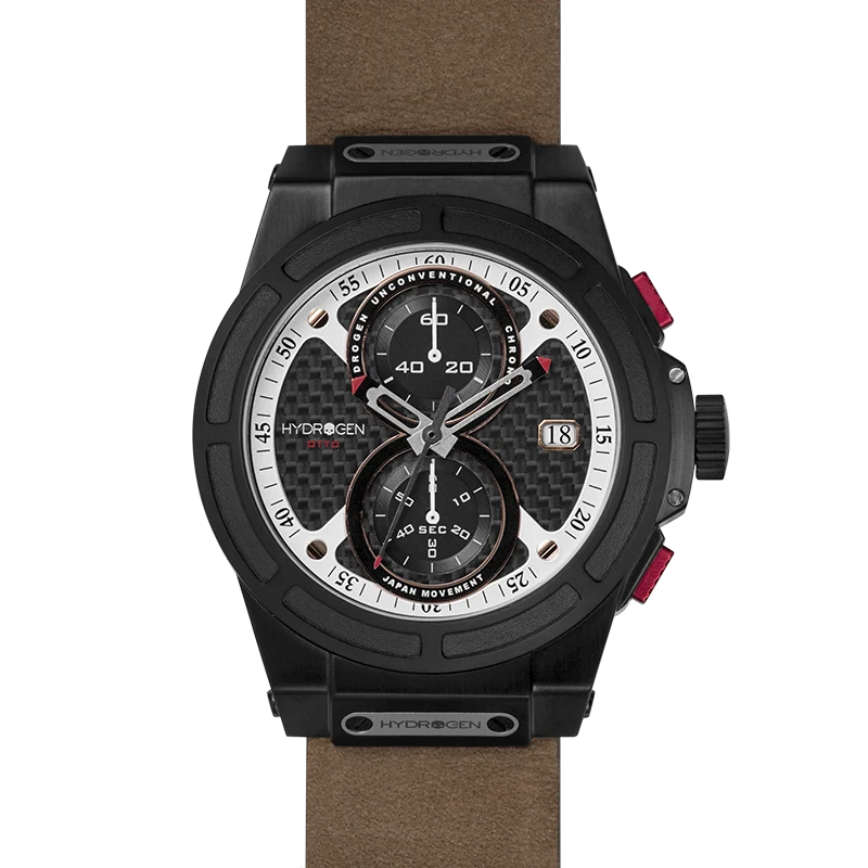 Traditional Hydrogen Chronograph Watch with Carbon Fiber Dial and Brown Strap Easy-to-Use