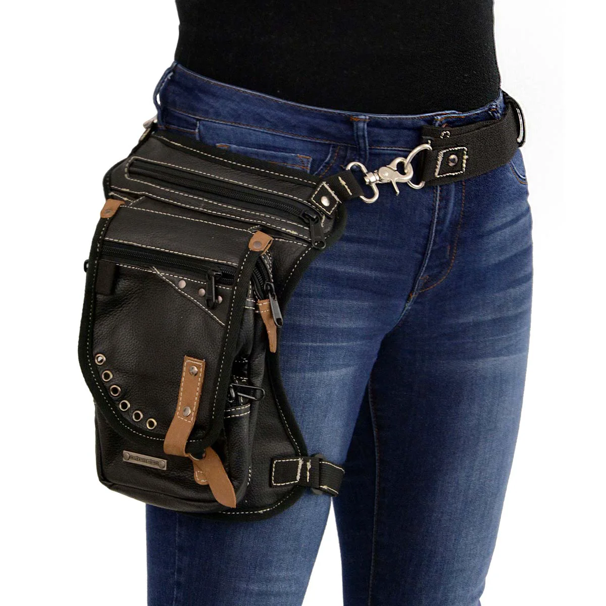 Reusable Milwaukee Leather MP8890 Conceal and Carry Black Leather Thigh Bag with Waist Belt Secure