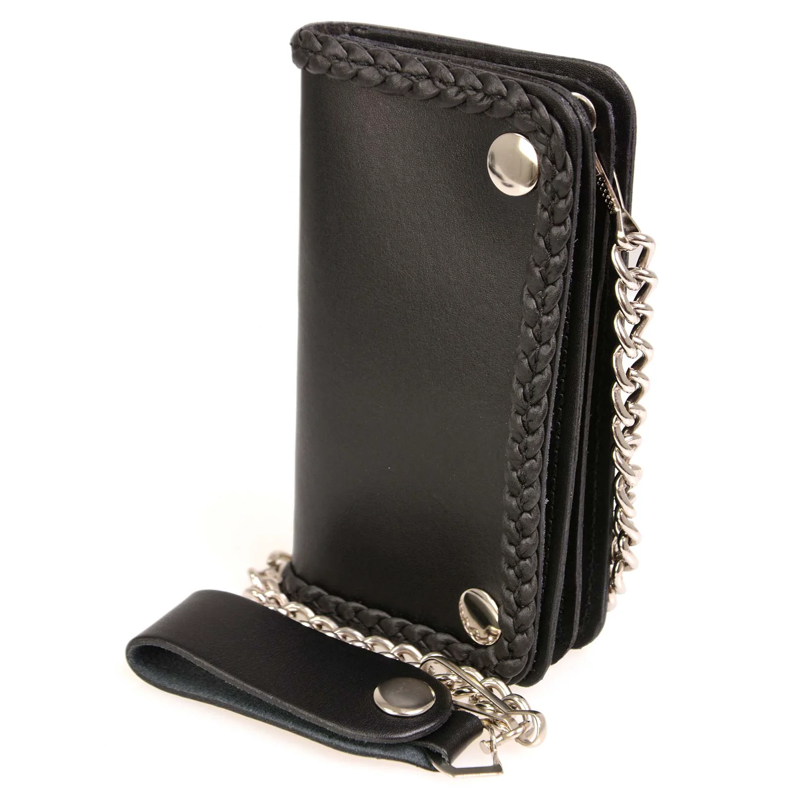 High-Quality Milwaukee Leather MLW7881 Men’s 6 Long Leather Braided Bi-Fold Biker Wallet w Anti-Theft Stainless Steel Chain Professional