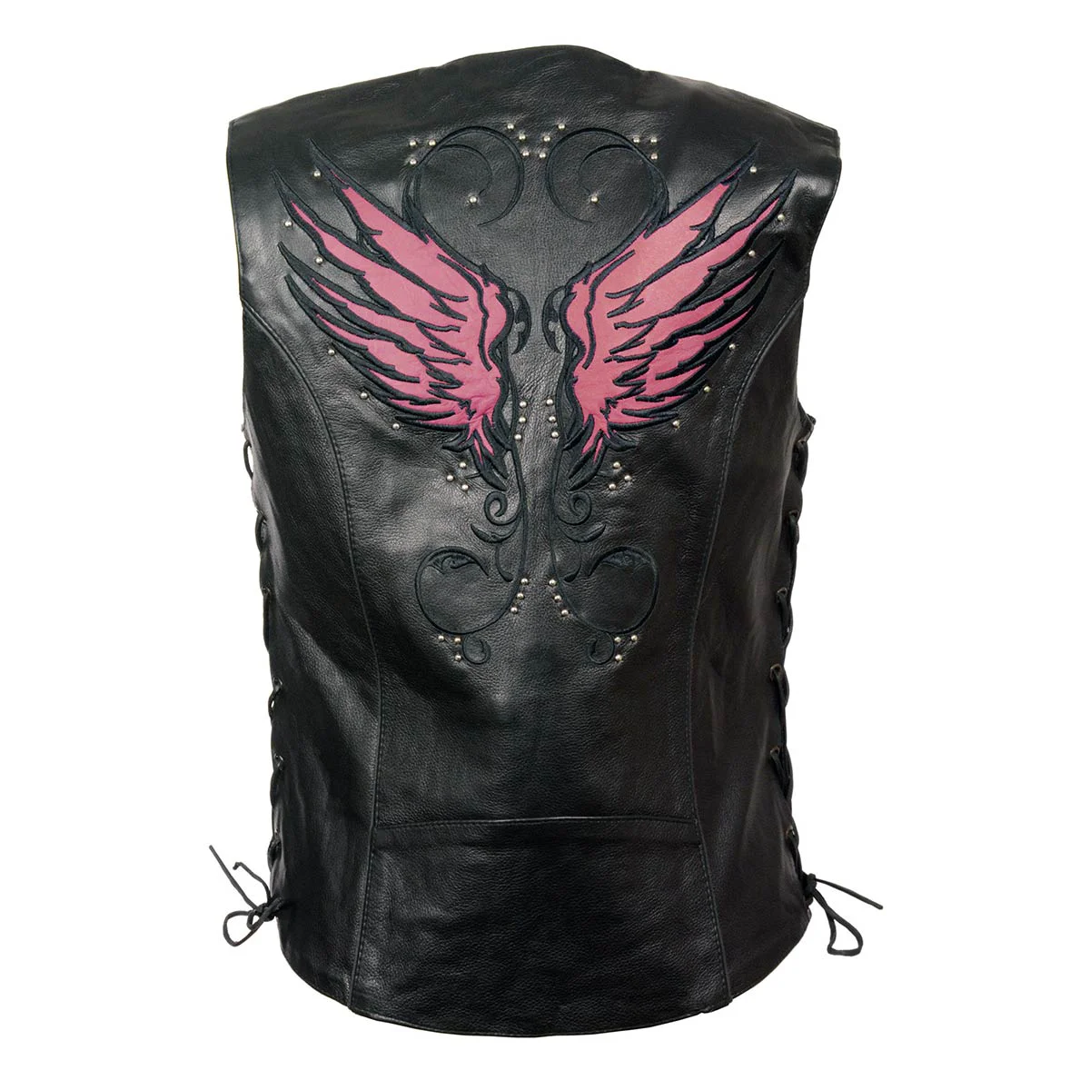 Verified Milwaukee Leather MLL4505 Women’s Black Leather Side Lace Motorcycle Rider Vest- Reflective and Studded Pink Wings Exclusive