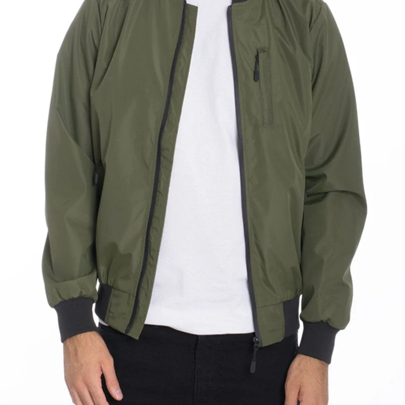 Refined Men s Olive Green Bomber Jacket with Zippered Pocket Detailed