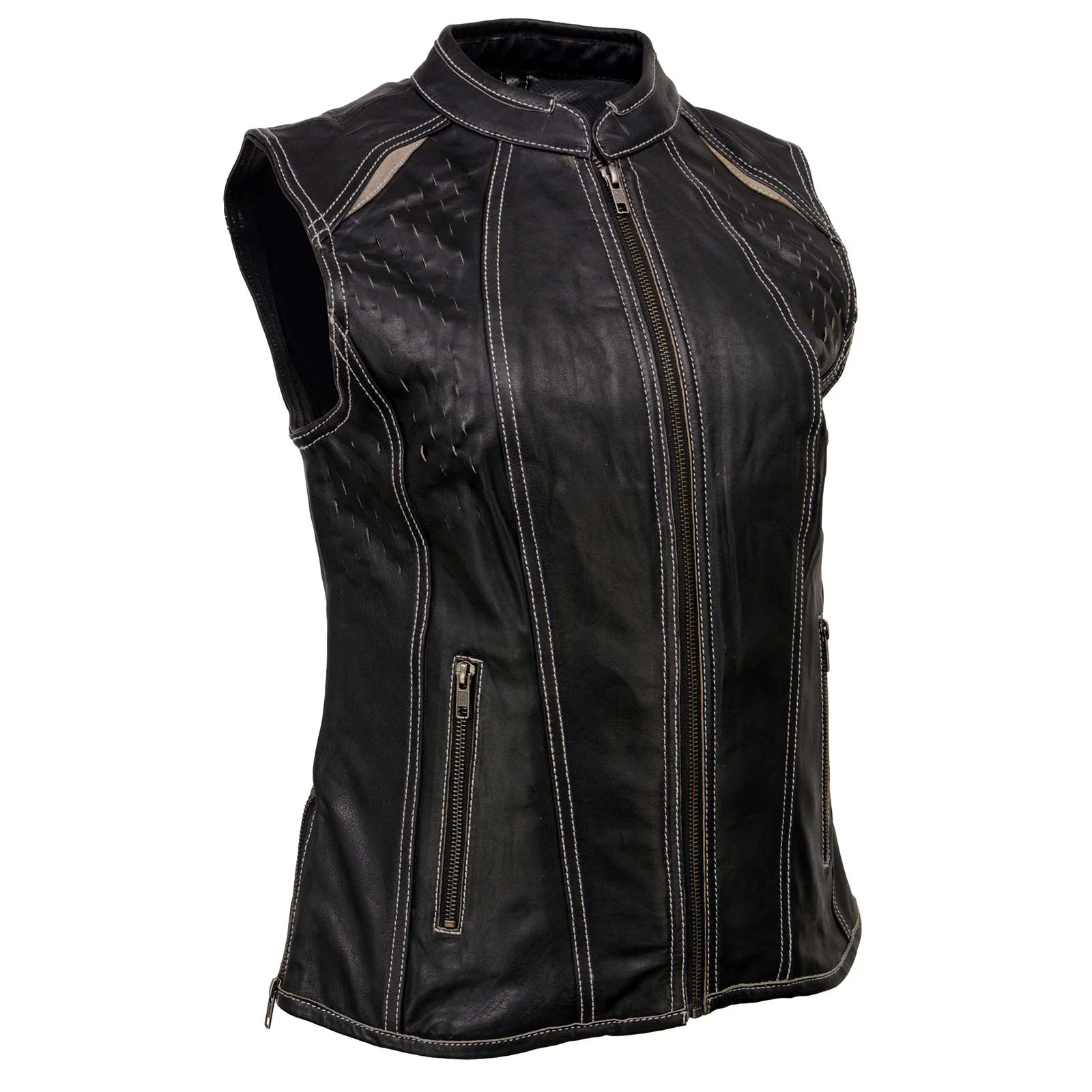 Top-Quality Milwaukee Leather MLL4507 Women’s Black Leather Grey Accented Laser Cut Vented Scuba Style Motorcycle Rider Vest Trendy