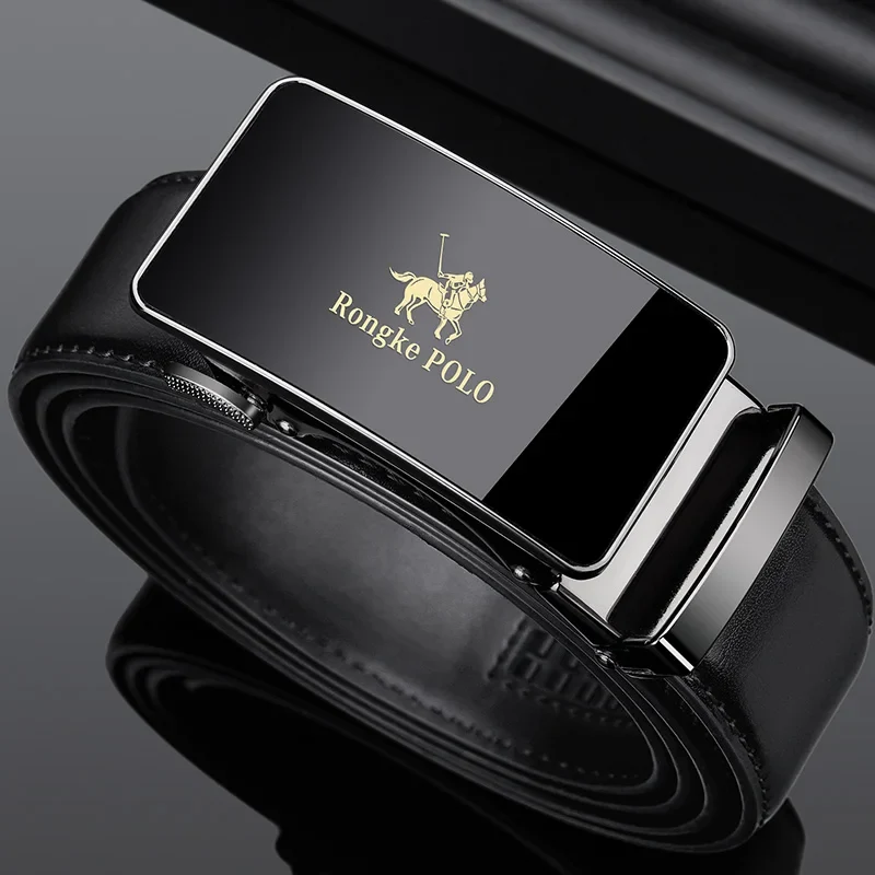 Fast Rongke POLO Luxury Black Leather Belt with Polished Metal Buckle User-Friendly