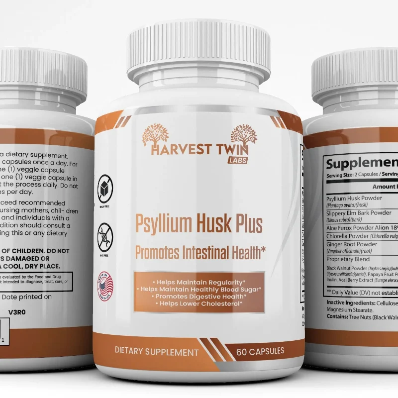Authentic Harvest Twin Psyllium Husk Capsules for Intestinal Health – 60 Count Fine