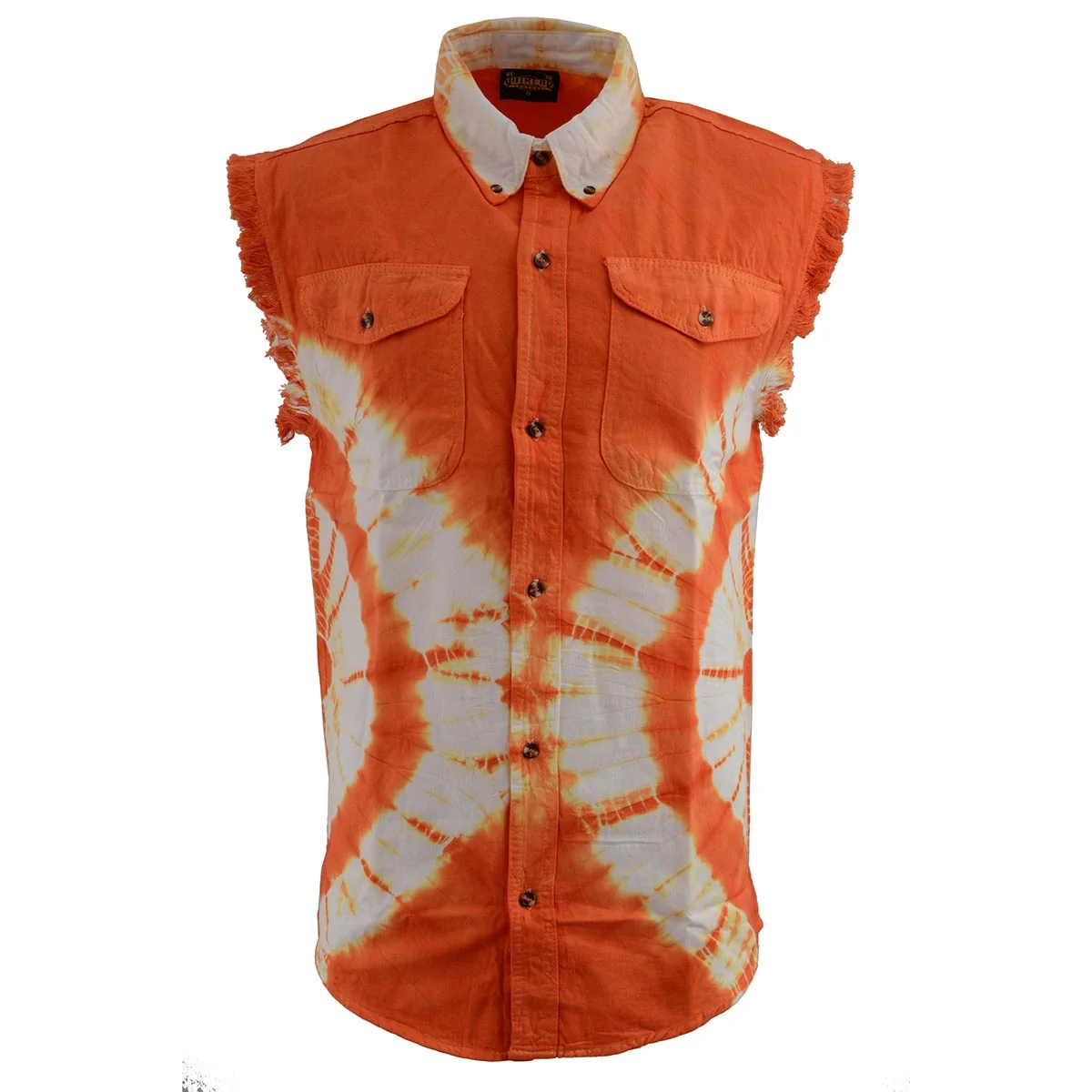 Stylish Biker Clothing Co. MDM11680 Men’s Classic Orange and White Tie-Dye Button-Down Frayed Sleeveless Cut Off Shirt Excellent