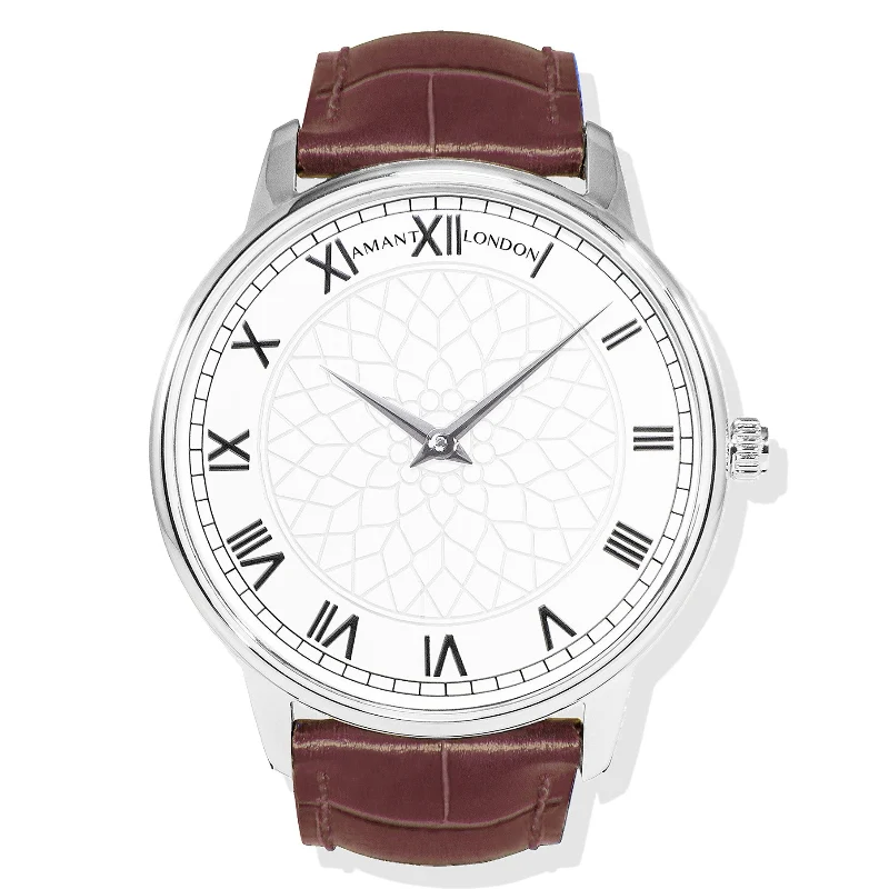 Practical AMANT LONDON White Pattern Dial Roman Numeral Leather Strap Watch Detailed