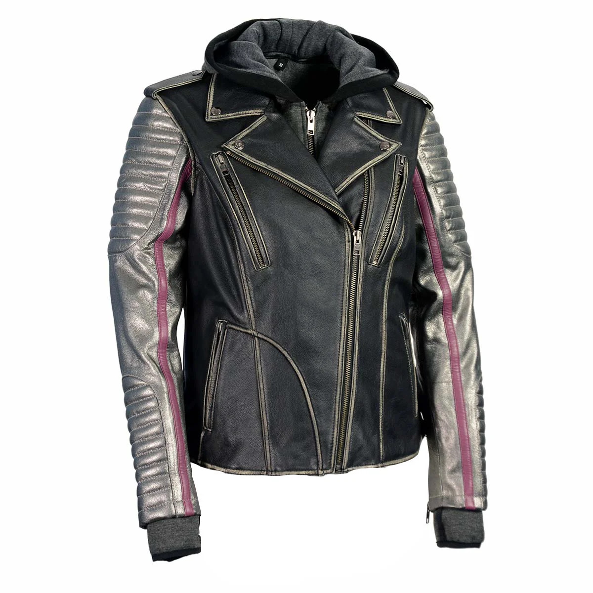 Sophisticated Milwaukee Leather MLL2515 Women’s Black ‘Hooded’ Leather Rub-Off Jacket with Silver Sleeves Functional