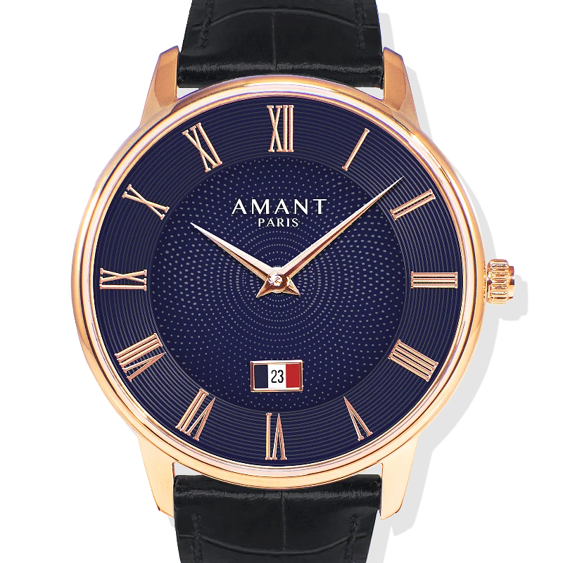 Original Design AMANT PARIS Blue Roman Numeral Dial Leather Strap Watch Certified