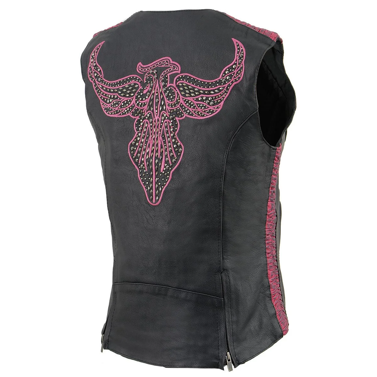 Elegant Milwaukee Leather MLL4570 Women’s Studded Phoenix Black Fuchsia Leather Motorcycle Vest w Embroidery Art Secure