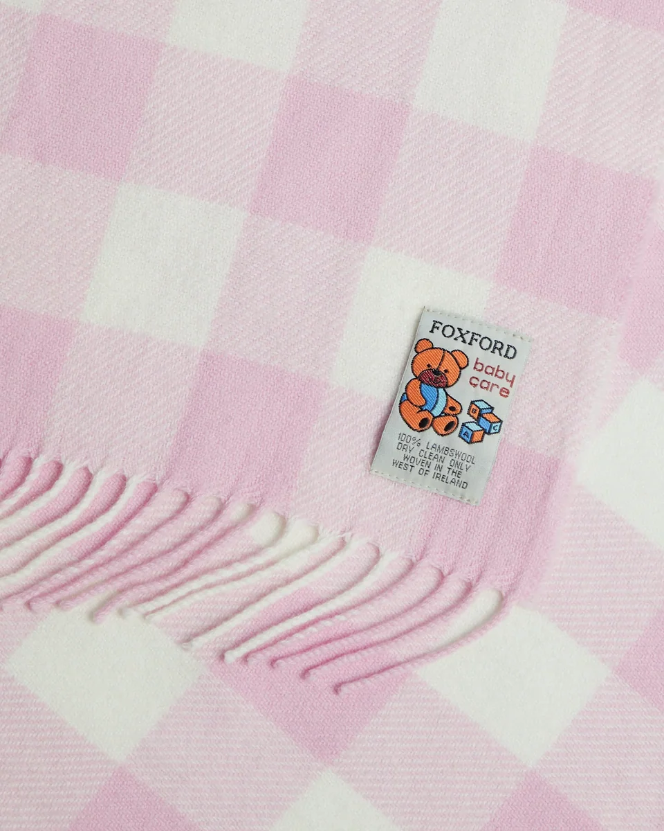 Organic Foxford Pink Check Lambswool Baby Blanket Comfortable
