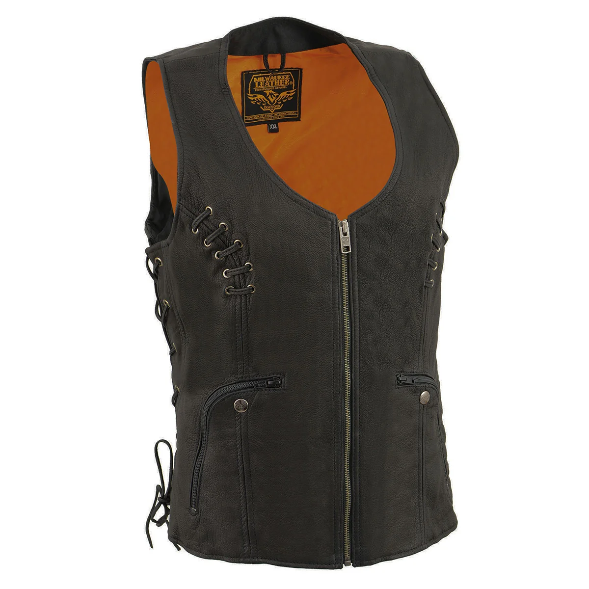 Verified Milwaukee Leather Women’s Classic V-Neck Black Leather Motorcycle Rider Vest w Adjustable Side Laces MLL4575 Artisan
