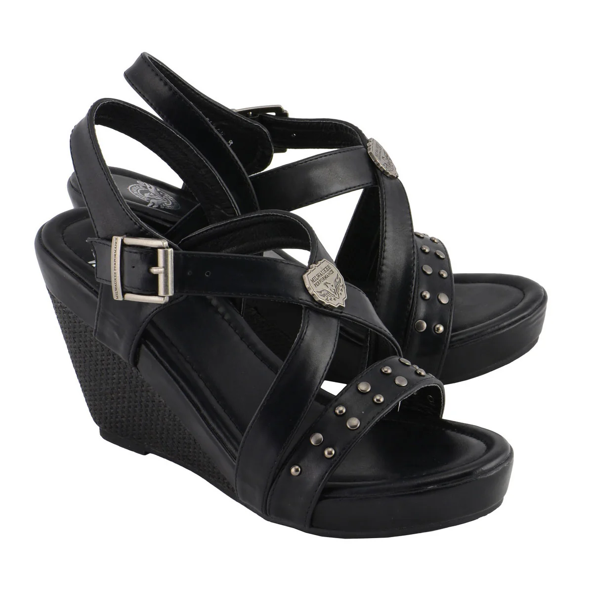 Enhanced Milwaukee Leather MBL9413 Women’s Black Triple Strap Studded Fashion Casual Wedge Sandal Crafted