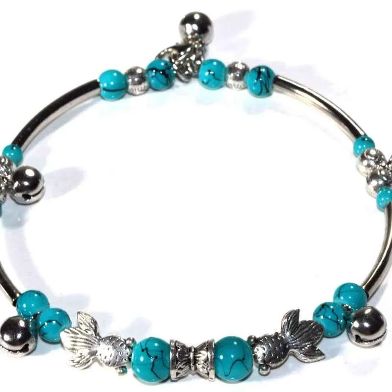 Soft Turquoise Beaded Bangle Bracelet Silver Tone Charm Jewelry Official
